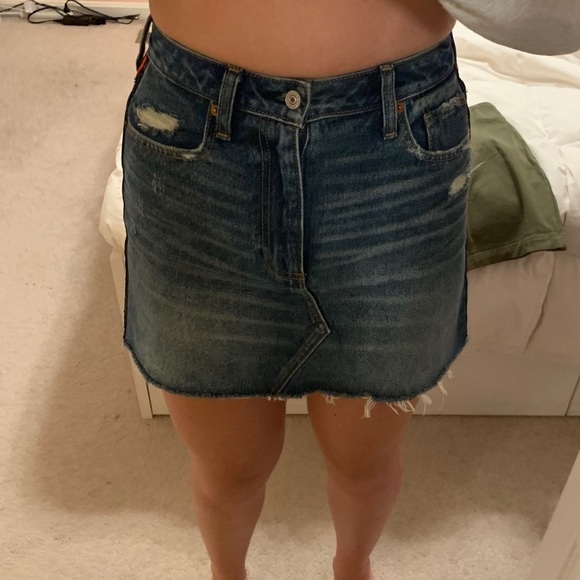 Abercrombie Jean Skirt w/ Red Stripe + Distressing - Picture 3 of 10